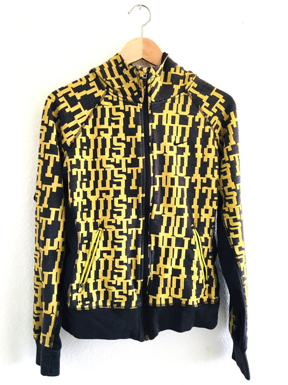 Nike Full Zip Hoodie Dri-Fit Women Sz L All Over Print Just do it Black & Gold